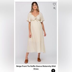 Pink blush maternity Beige Maternity Midi Dress with Ruffle Sleeves